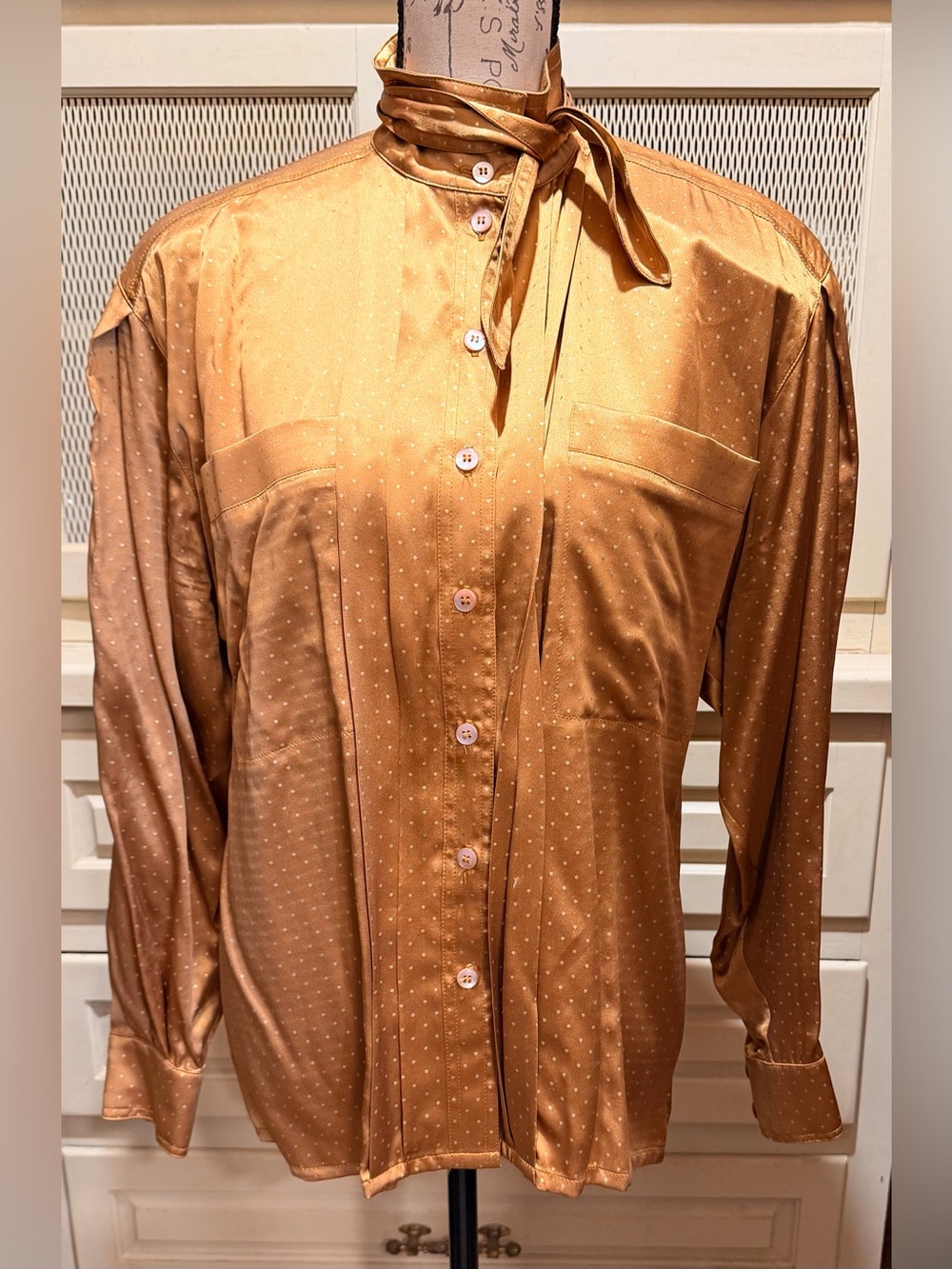 Vintage Escada Neiman Marcus Silk Blouse Polka Dot Gold Mustard